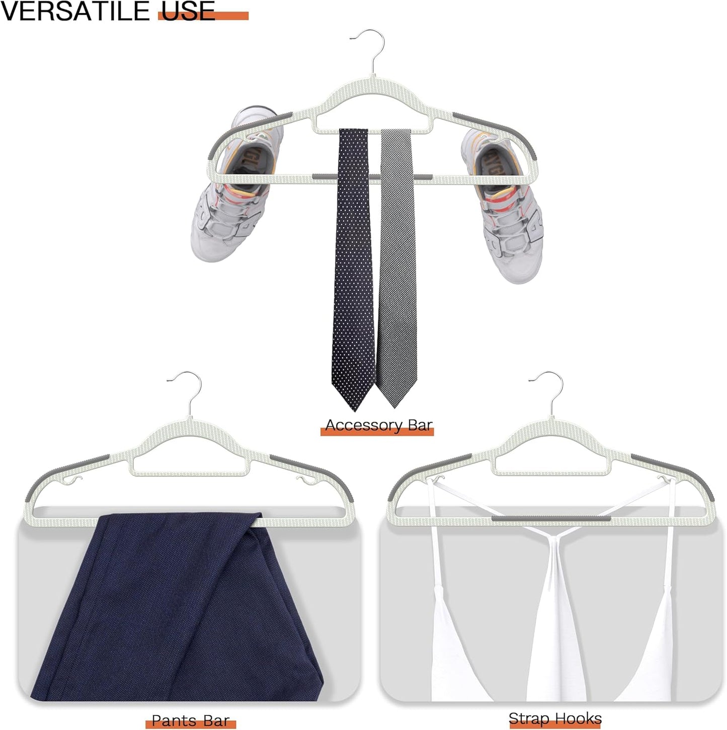Skiennix Heavy Duty Plastic Hangers - Non-Slip Design with Rubber Pads & 360° Hook | Space-Saving Gray Closet Organizer for Shirts, Pants, and Coats - 60 Pack