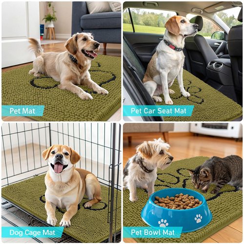 OLANLY Dog Door Mat for Muddy Paws 30x20, Paw Print Design, Absorbs Moisture and Dirt, Non-Slip Washable Doormat, Quick Dry Chenille Mud Mat for Dogs, Entry Indoor Entryway Carpet, Willow Green