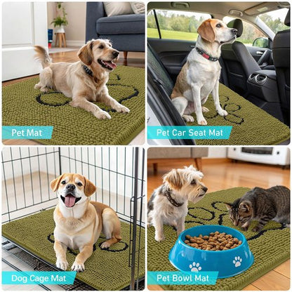 OLANLY Dog Door Mat for Muddy Paws 30x20, Paw Print Design, Absorbs Moisture and Dirt, Non-Slip Washable Doormat, Quick Dry Chenille Mud Mat for Dogs, Entry Indoor Entryway Carpet, Willow Green