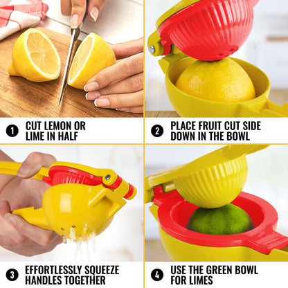 Zulay Metal 2-In-1 Lemon Squeezer Manual - Sturdy, Max Extraction Hand Juicer Lemon Squeezer Gets Every Last Drop - Easy to Clean Manual Citrus Juicer - Easy-to-Use Lemon Juicer Squeezer - Yellow/Red