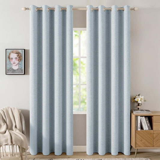MIULEE 90-Inch Linen Textured Blackout Curtains - Thermal Insulated Chambray Blue Drapes | Luxury Room Decor (2 Panels)