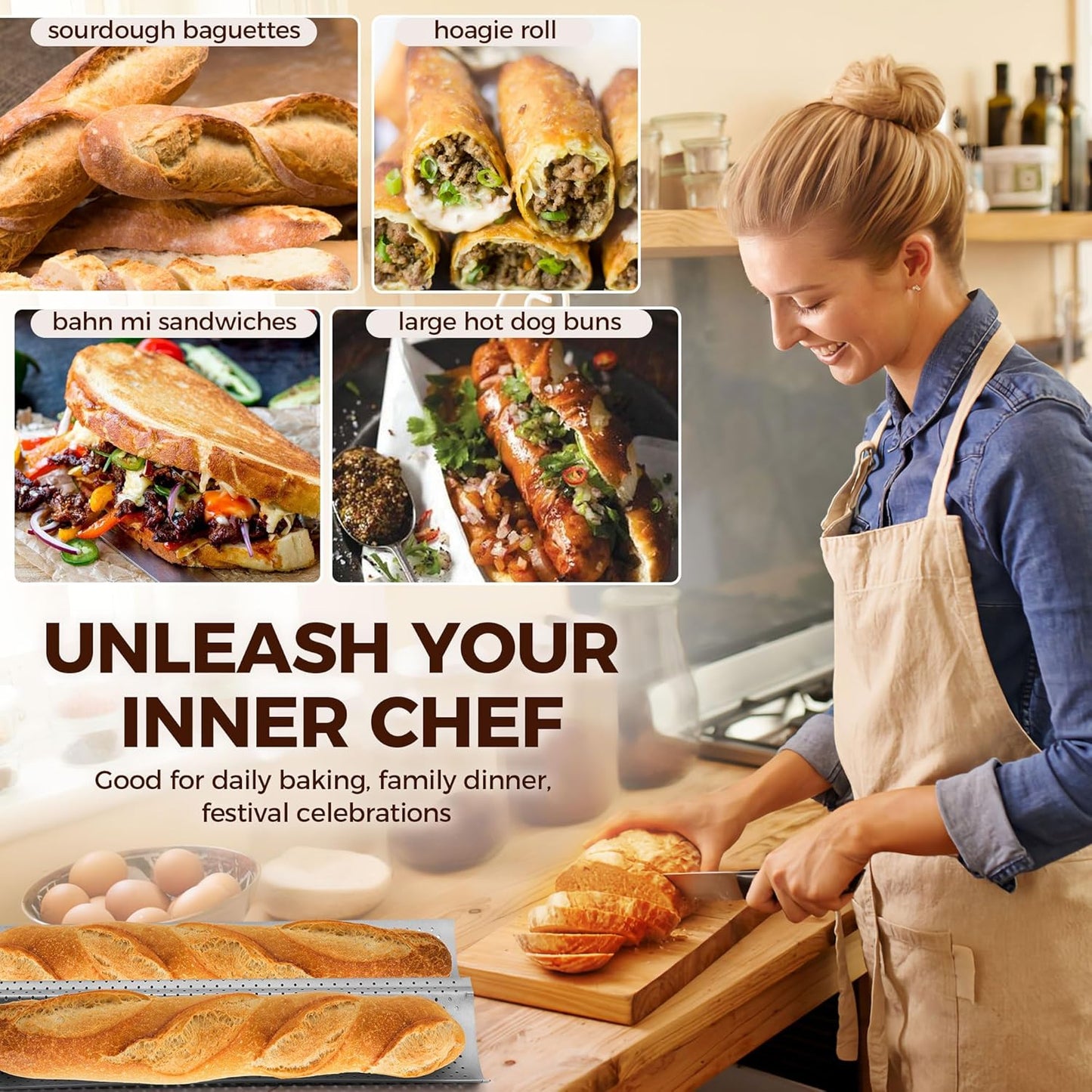 Yupjlia Baguette Bread Pan - Premium Nonstick Perforated Baking Tray for 2 Loaves | Perfect for Sourdough & Italian Bread
