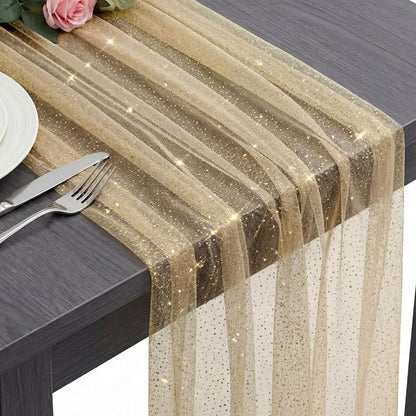 Gold Gauze Table Runner 10ft - 120x29in Glitter Tulle with Sequins (Variation: Gold+10)
