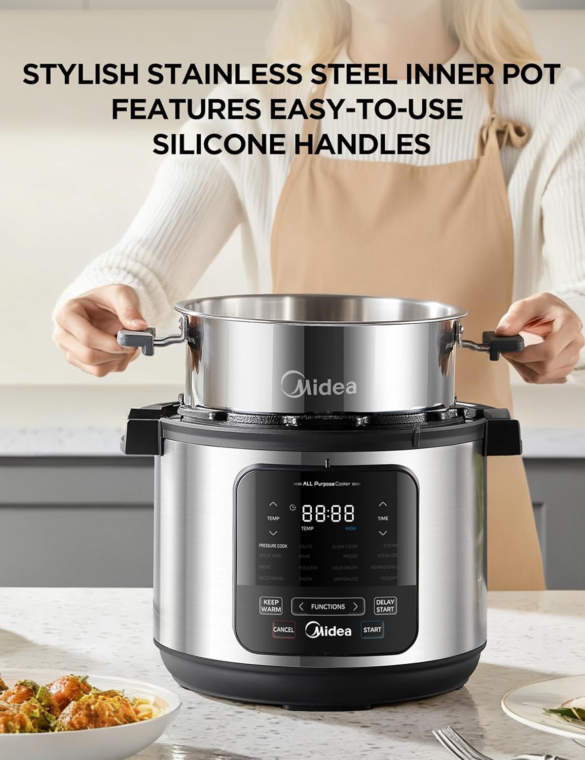 Midea 10-in-1 Electric Pressure Cooker - Versatile Slow Cooker, Steamer & Sous Vide - 6 Quart Stainless Steel Pot
