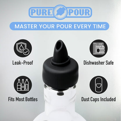 The Pure Pour Liquor Bottle Pourers - Leak-Proof Pour Spouts with Dust Caps – Fits Most Alcohol, Syrup, Olive Oil & Vinegar Bottles – Dishwasher Safe - 10 Pack