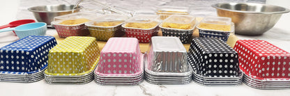 KitchenDance Disposable Aluminum Colored Polka Dot Mini Loaf Pan with Lid - 6 Ounces Rectangular Non-Stick Baking Pan Perfect for Food Gifts, Home Bakers, and Restaurants - Pack of 100, #4004 (Pink)