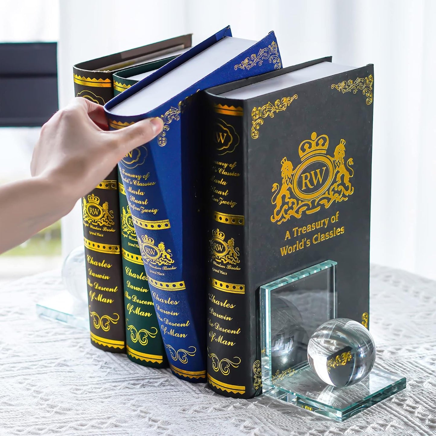 Skiennix Crystal Bookends - L Shape Non-Skid Heavy-Duty Book Holder | 4 Inch Clear Decorative Ornaments