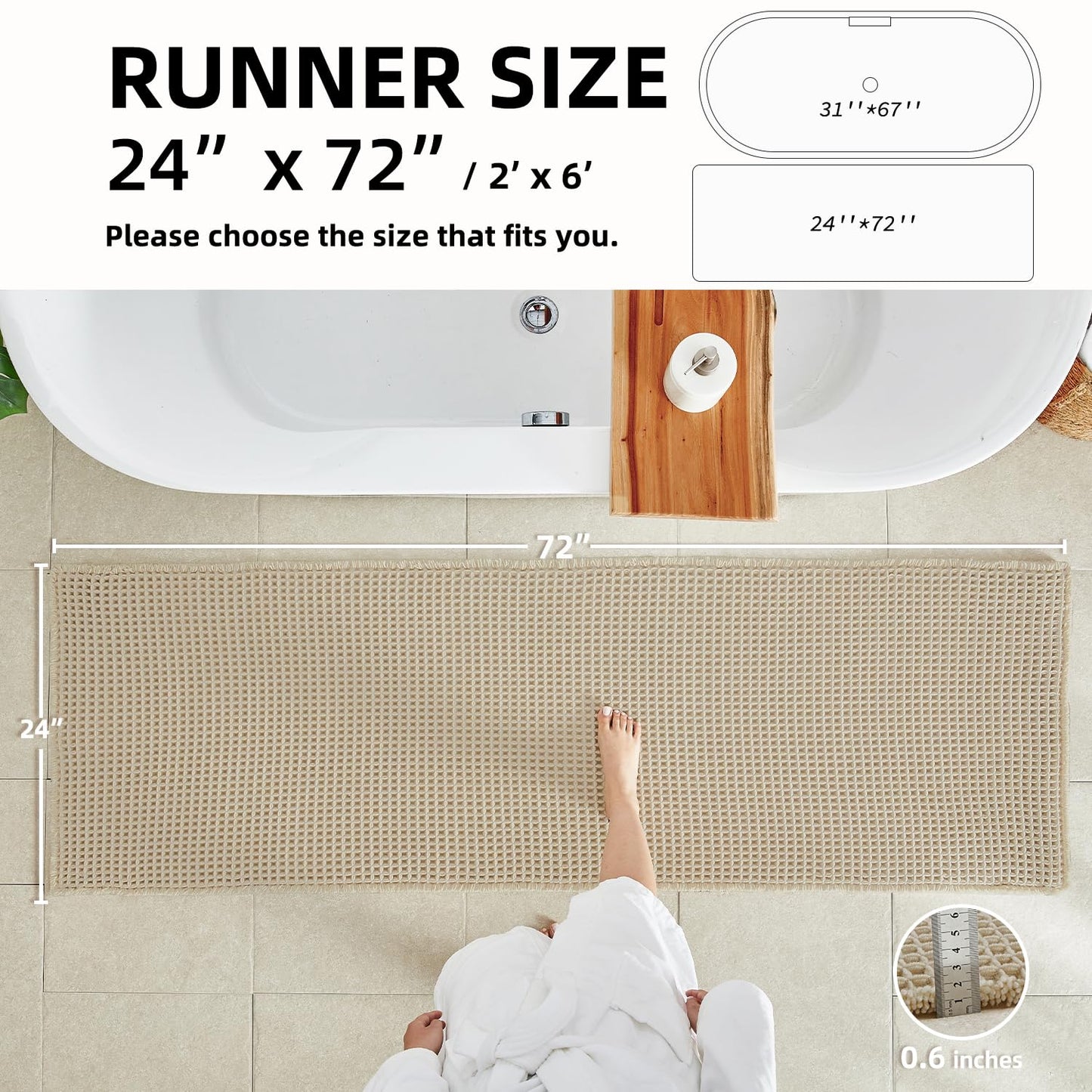 TYUU Pale Beige Long Bathroom Rug, Waffle Runner Rug Bathroom Non Slip Washable Super Absorbent Quick Dry Boho Farmhouse Bath Mat, 72''x24'' Pale Beige