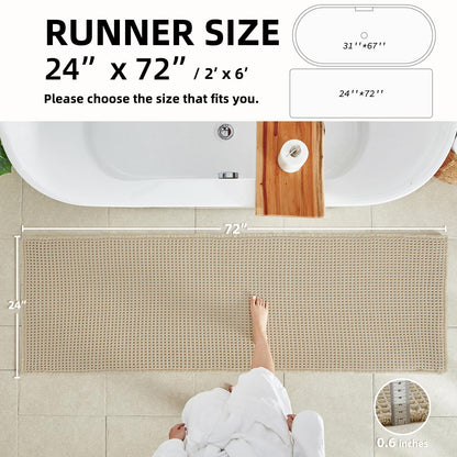 TYUU Pale Beige Long Bathroom Rug, Waffle Runner Rug Bathroom Non Slip Washable Super Absorbent Quick Dry Boho Farmhouse Bath Mat, 72''x24'' Pale Beige