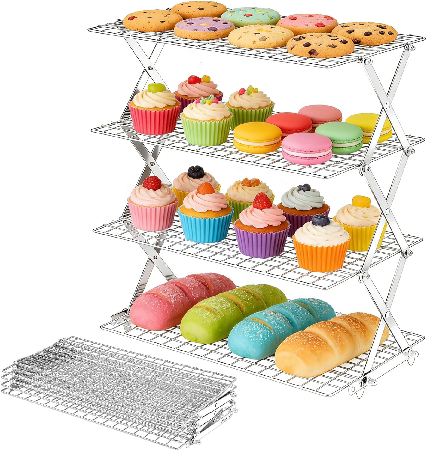 4 Tier Collapsible Cooling Rack - Adjustable Stainless Steel Baking Rack with Leak-Proof Mesh | Perfect for Cooking, Baking & Grilling