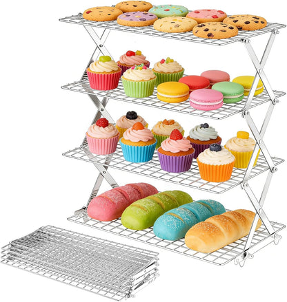 4 Tier Collapsible Cooling Rack - Adjustable Stainless Steel Baking Rack with Leak-Proof Mesh | Perfect for Cooking, Baking & Grilling