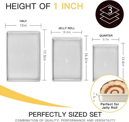 HONGBAKE Nonstick Baking Sheet Pan Set - Heavy Duty Cookie Sheets with Diamond Texture | Silver, Half & Quarter Sizes