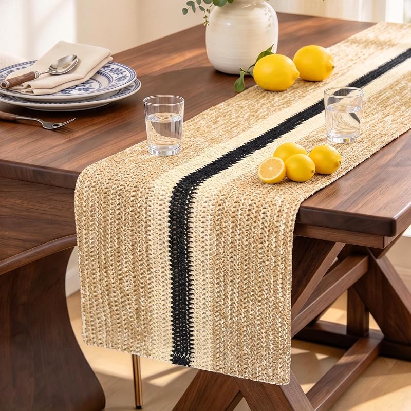 72-Inch Brown Paper Woven Table Runner - Rustic Burlap Style, Variation: Black Striped