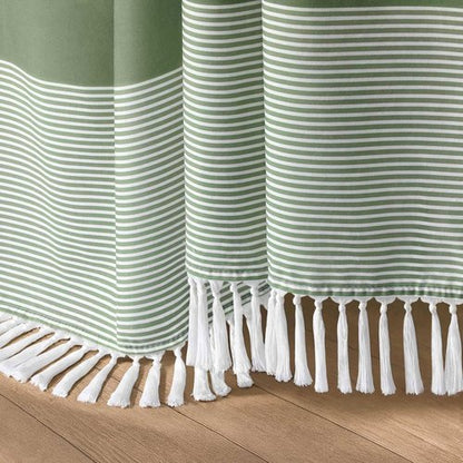 XOGUIBO Sage Green Shower Curtain Cotton Boho Striped Shower Curtains for Bathroom with Tassel 72 X 72