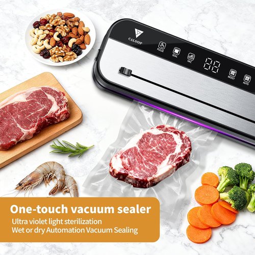 CALOOP Food Vacuum Sealer Machine - Powerful 80 Kpa Food Saver with 20 Seal Bags & Digital Timer | Compact Design