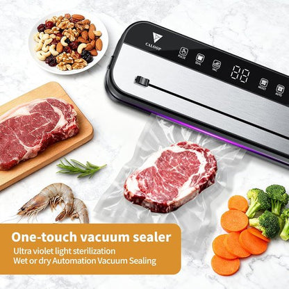 CALOOP Food Vacuum Sealer Machine - Powerful 80 Kpa Food Saver with 20 Seal Bags & Digital Timer | Compact Design