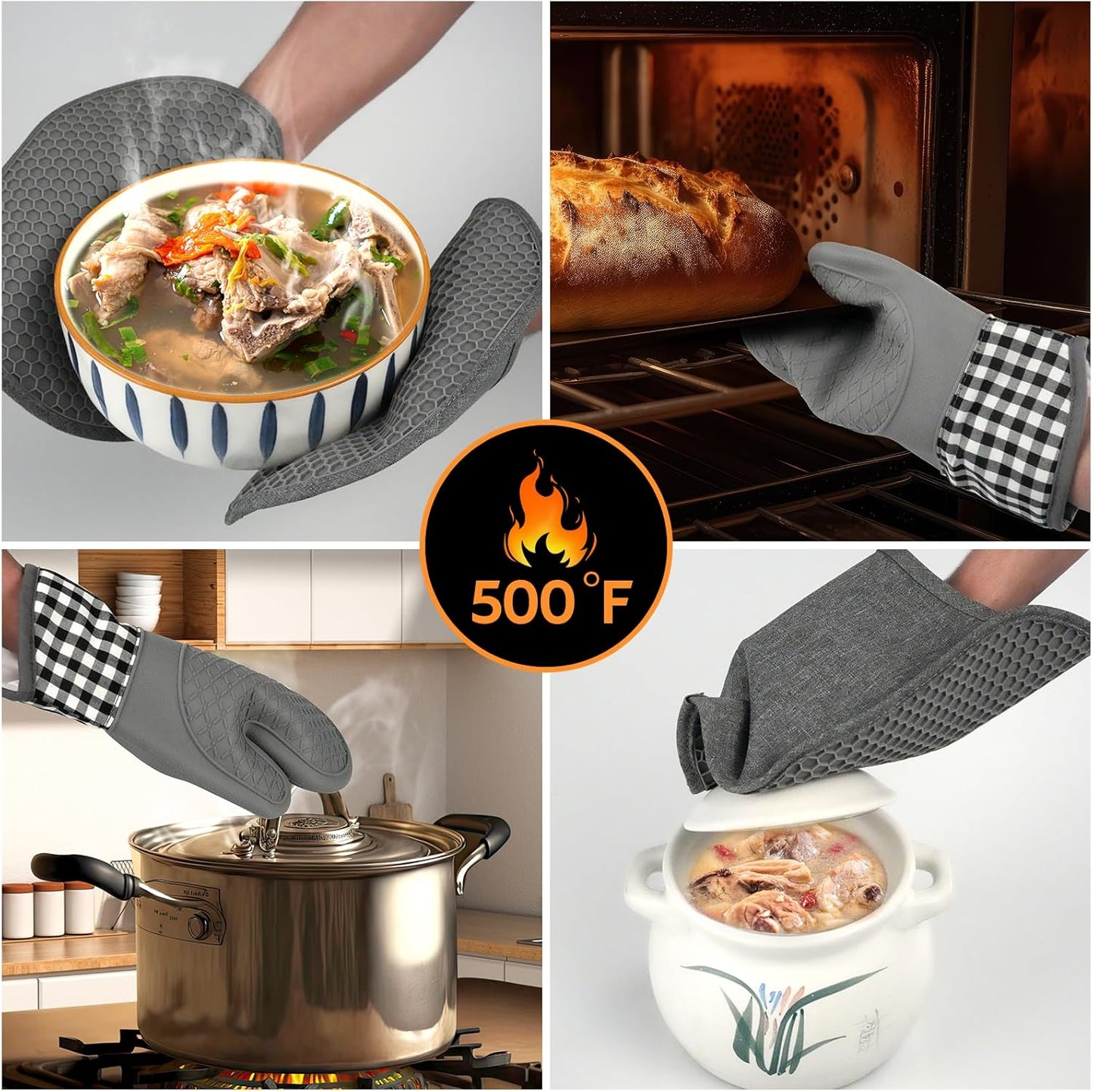 Skiennix Silicone Oven Mitts Set - Heat Resistant 4-Piece Bakeware Set with Pot Holders & Hot Pads