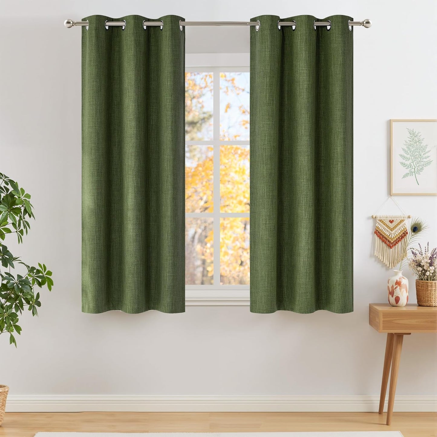 NICETOWN Blackout Curtains - Short Faux Linen in Forest Green | 63-Inch Grommet Top, 2 Panels for Modern Farmhouse Style