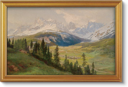 VIYYIEA Vintage Gold Framed Wall Art - Snow Mountains Canvas Print for Living Room | Large 36" x 24" Oil Painting Decor