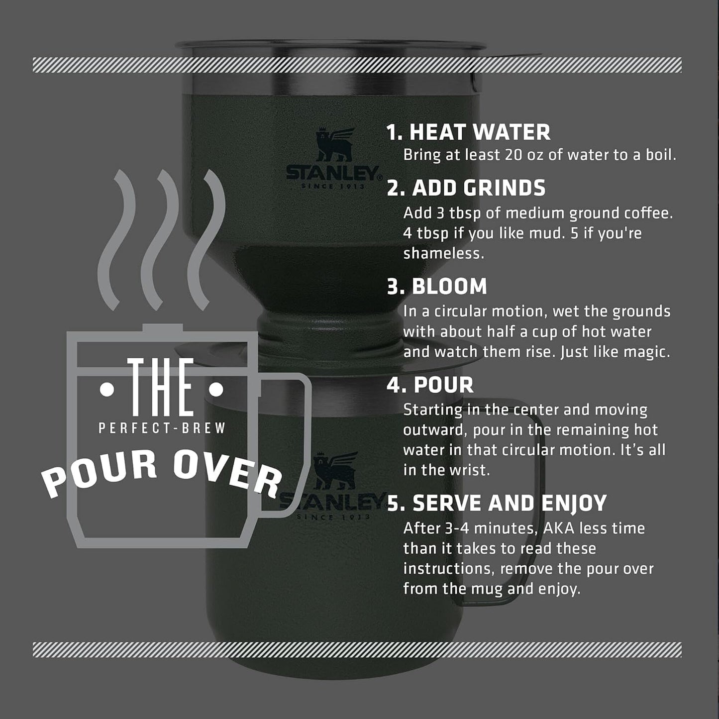 STANLEY Perfect Brew Pour Over Set - 12 oz Insulated Camp Mug with Lid & Reusable Filter | BPA-Free Hammertone Green