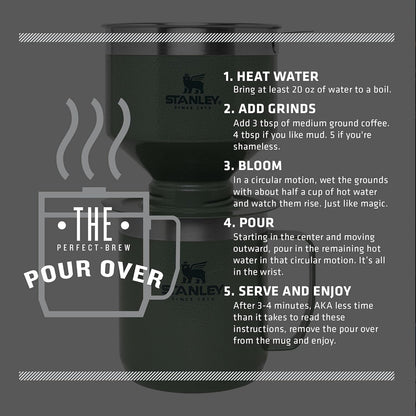 STANLEY Perfect Brew Pour Over Set - 12 oz Insulated Camp Mug with Lid & Reusable Filter | BPA-Free Hammertone Green