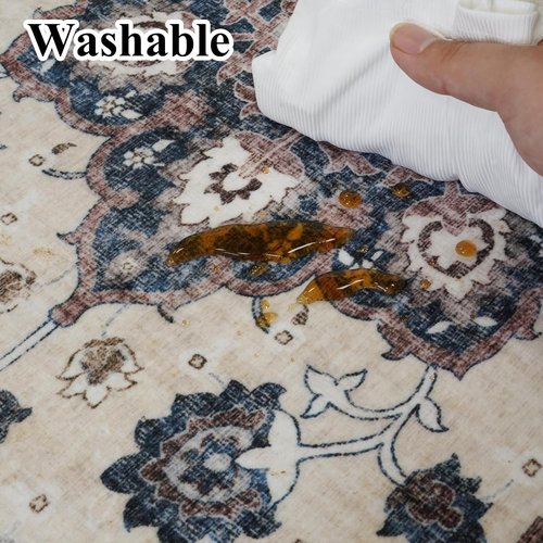 Hallway 2x6 Washable Runner Rug - Vintage Low Pile Blue Oriental Carpet with Non-Slip Backing