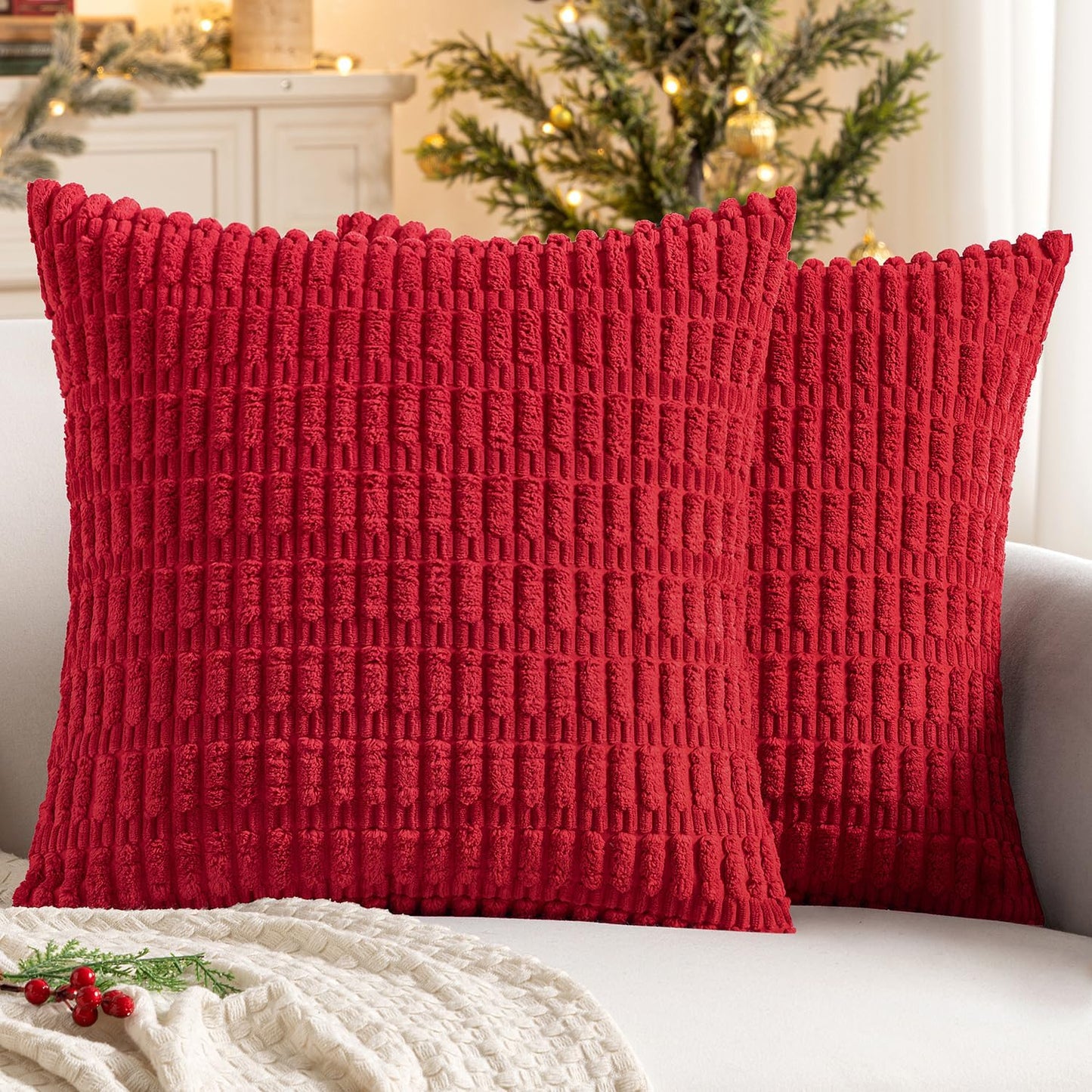 MIULEE Euro Sham Pillow Covers - Pack of 2 Red Corduroy, 24x24 Inch Soft Boho Striped Decor for Sofa & Bed