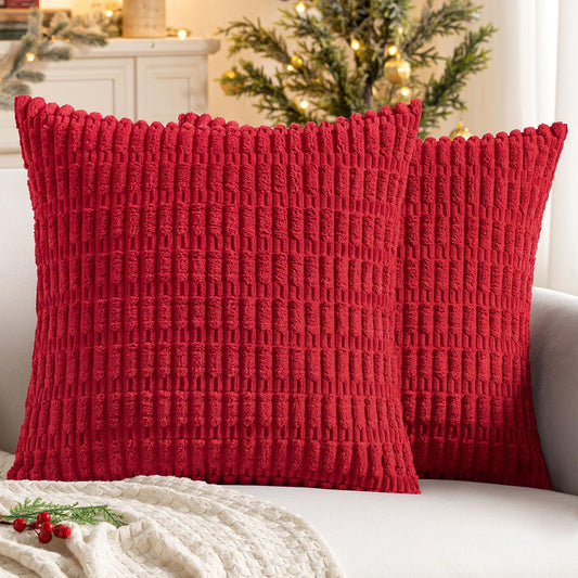 MIULEE Decorative Pillow Covers - Pack of 2 Red Corduroy 16x16 Inch Soft Boho Striped Design for Modern Farmhouse Decor