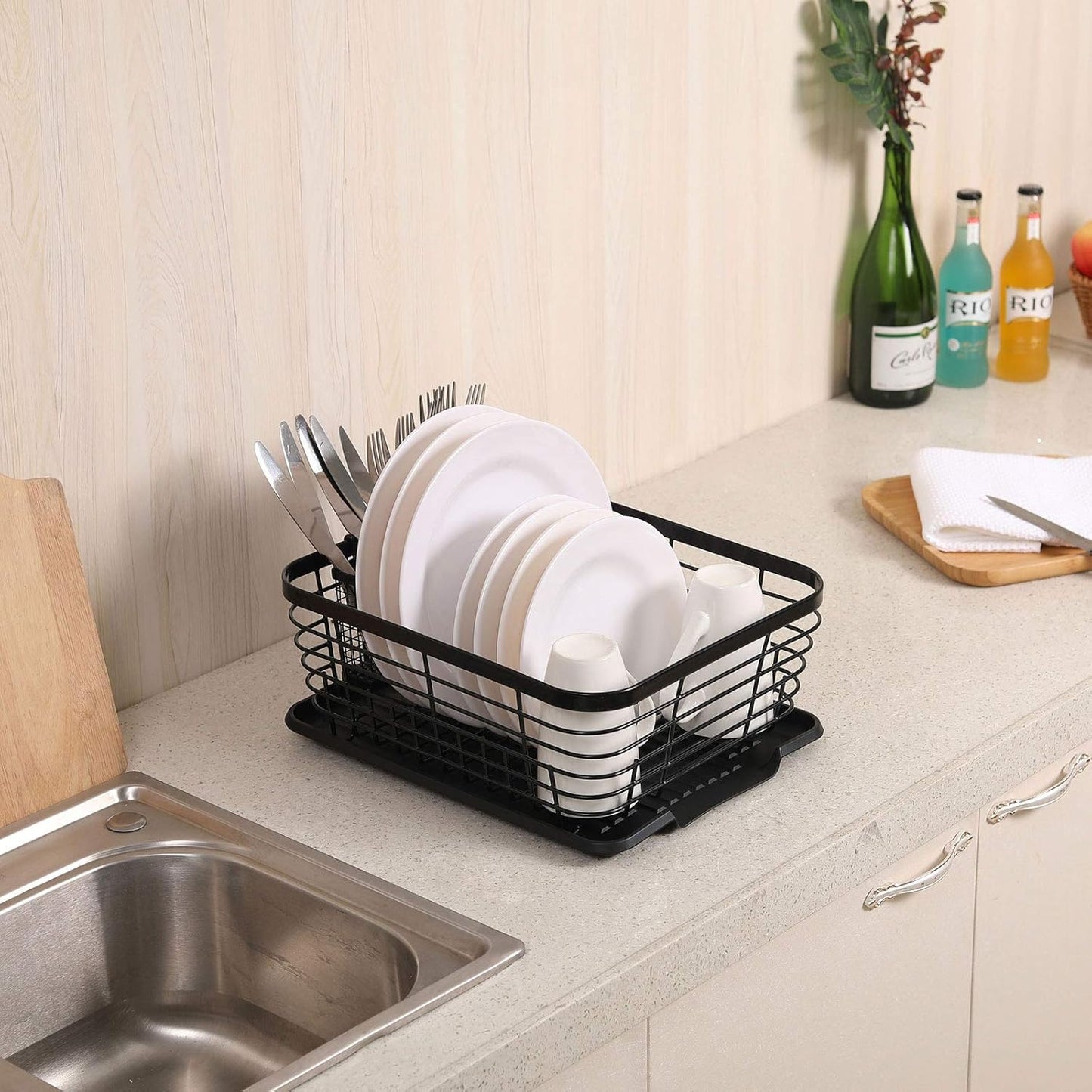 TQVAI Kitchen Dish Drainer Rack - Includes Drying Board & Full-Mesh Utensils Holder | Black Finish
