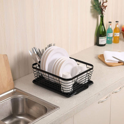 TQVAI Kitchen Dish Drainer Rack - Includes Drying Board & Full-Mesh Utensils Holder | Black Finish