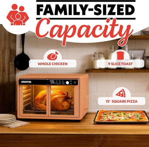 Gourmia French Door Air Fryer Oven - 37 Qt Convection Toaster Oven with 12 Cooking Presets | Digital Display, Peach