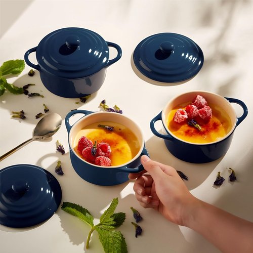 Kook Ceramic Mini Cocotte Set - 12 oz Individual Baking Ramekins | Oven Safe, Microwave & Dishwasher Safe, Navy - Set of 4