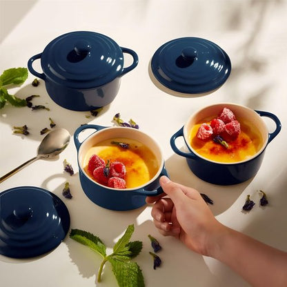 Kook Ceramic Mini Cocotte Set - 12 oz Individual Baking Ramekins | Oven Safe, Microwave & Dishwasher Safe, Navy - Set of 4