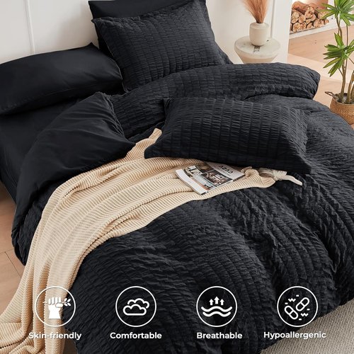 HYMOKEGE Comforter Set - Luxurious Black Seersucker 7-Piece Bedding Set for All Seasons | Includes Sheets & Pillowcases