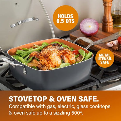 GOTHAM STEEL - 6 Quart XL Nonstick Copper Deep Square All in One 6 Qt Casserole Chef’s Pan & Stock Pot- 4 Piece Set, Includes Frying Basket and Steamer Tray, Dishwasher Safe,Brown