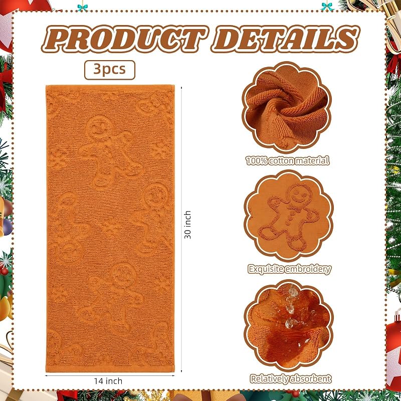 Christmas Gingerbread Hand Towels Set - 3 Pack 14 x 30 in 100% Cotton