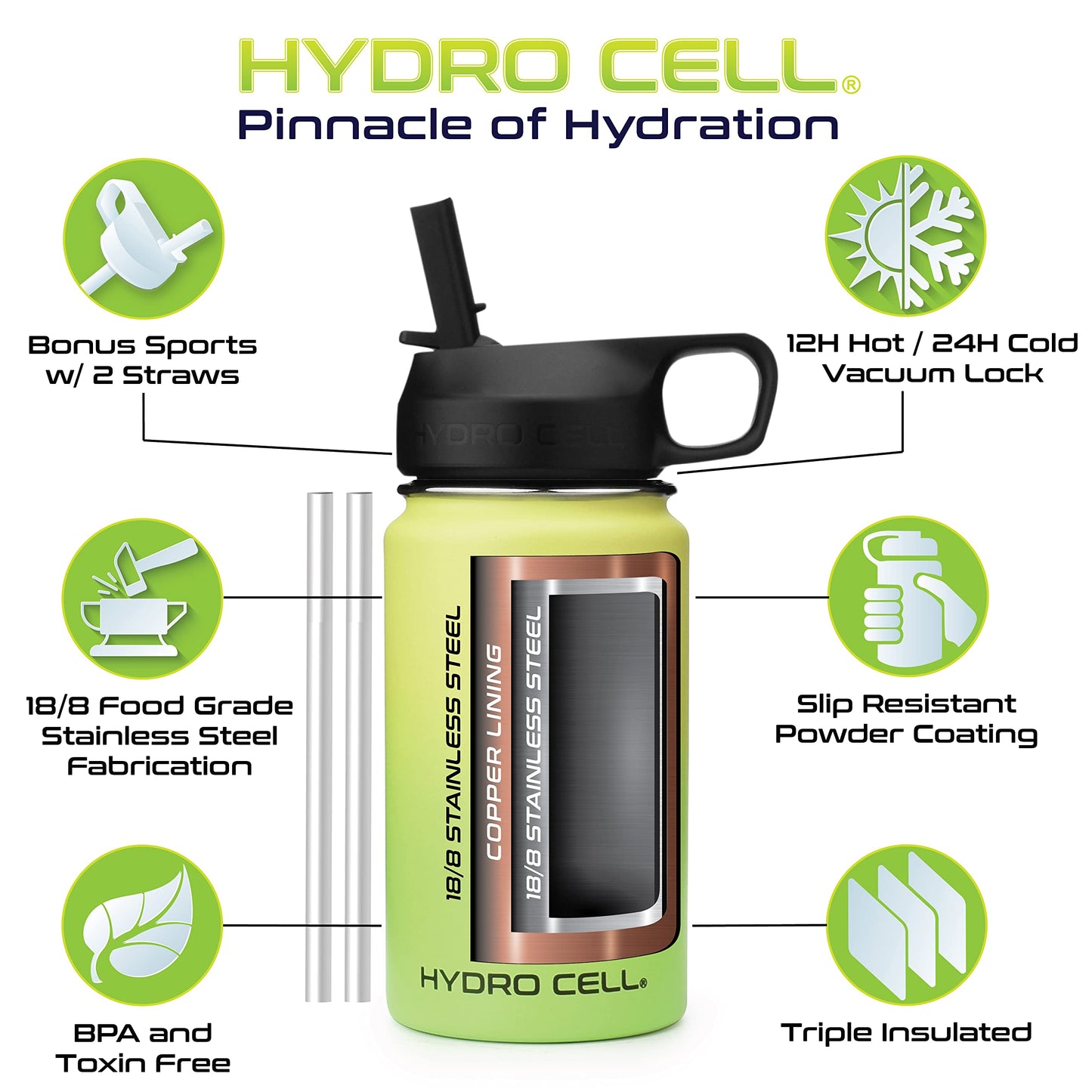 HYDRO CELL Stainless Steel Insulated Water Bottle with Straw - For Cold & Hot Drinks - Metal Vacuum Flask with Screw Cap and Modern Leakproof Sport Thermos for Kids & Adults (Neon 14oz)