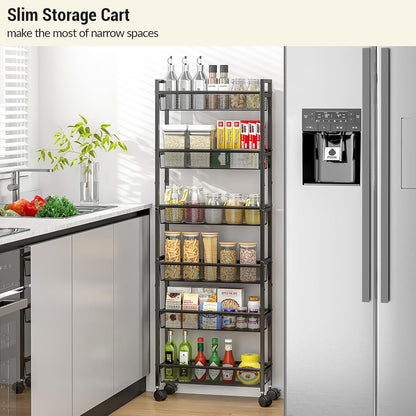 ThreeHio 6-Tier Slim Storage Cart - Mobile Metal Shelving Unit with Wheels for Kitchen & Bathroom - Black 6in(W)