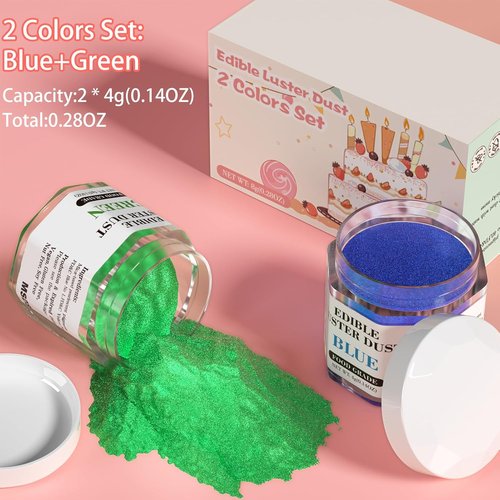 Cherrysea Luster Dust Edible Set - Food Grade Shimmer Powder for Cakes & Cocktails | 4g Bottles - Blue & Green