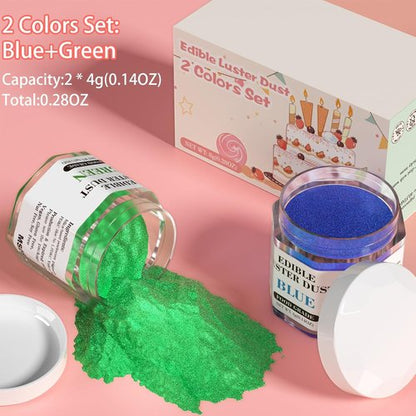 Cherrysea Luster Dust Edible Set - Food Grade Shimmer Powder for Cakes & Cocktails | 4g Bottles - Blue & Green