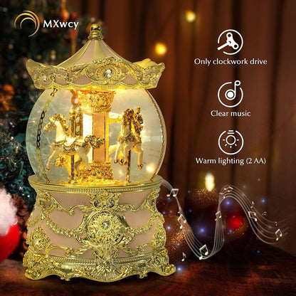 Gold & Pink 8.3" Carousel Snow Globe with Wind-Up Music Box - Meets Tune