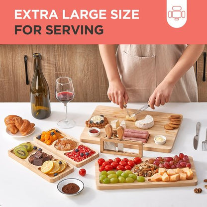 Bamboo Charcuterie Boards, Large Easter Charcuterie Board Set with Serving Tray Knife and Bowl, Bamboo Cheese Board for Christmas, Thanksgiving, House Warming Gifts New Home