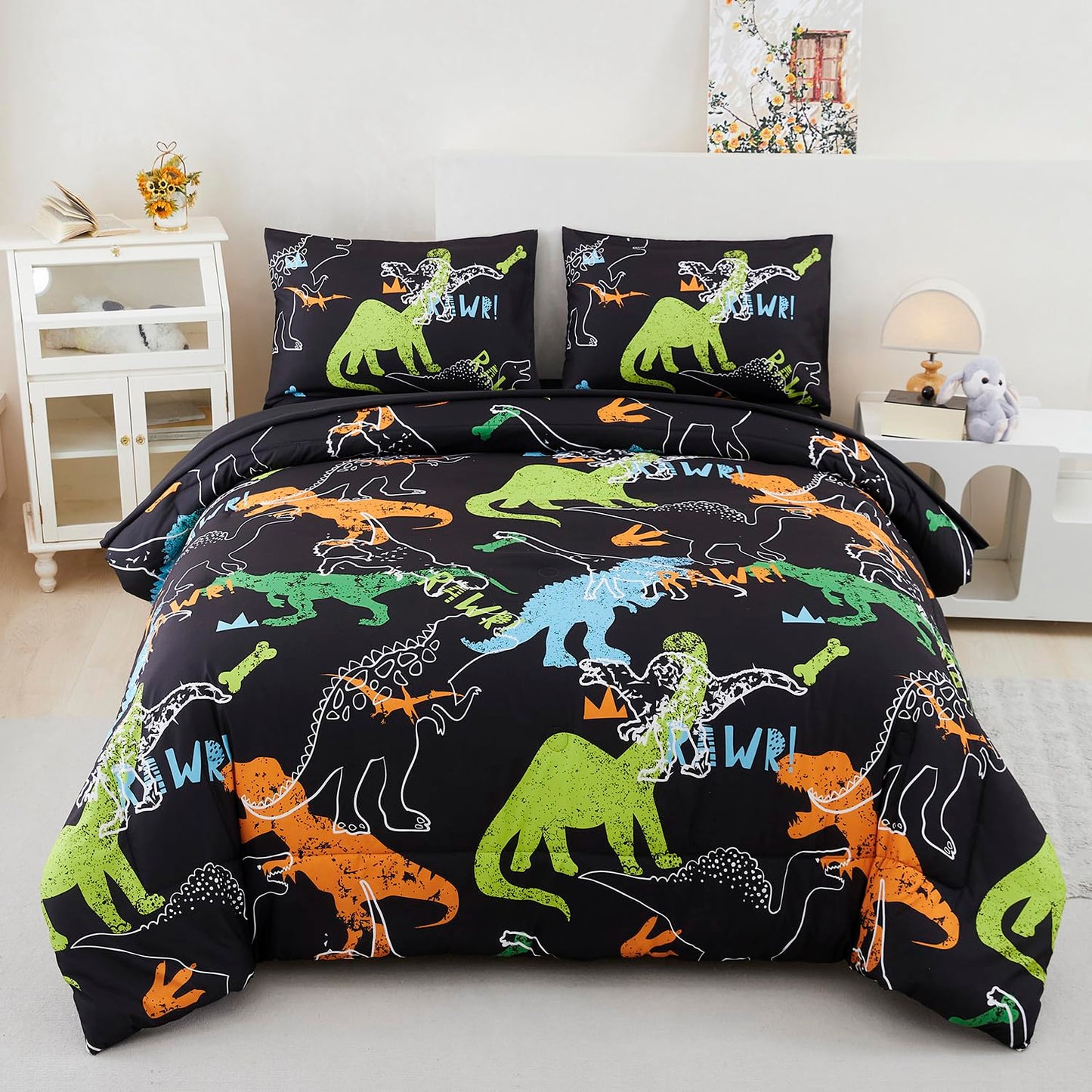 ZSYAYAHA Twin Bed Sets for Kids Dinosaur Boys Bedding Set Black Dinosaur Comforter Set for Girls Teens Soft Lightweight 5 Pieces Bed in A Bag with Sheets(Black, Twin)