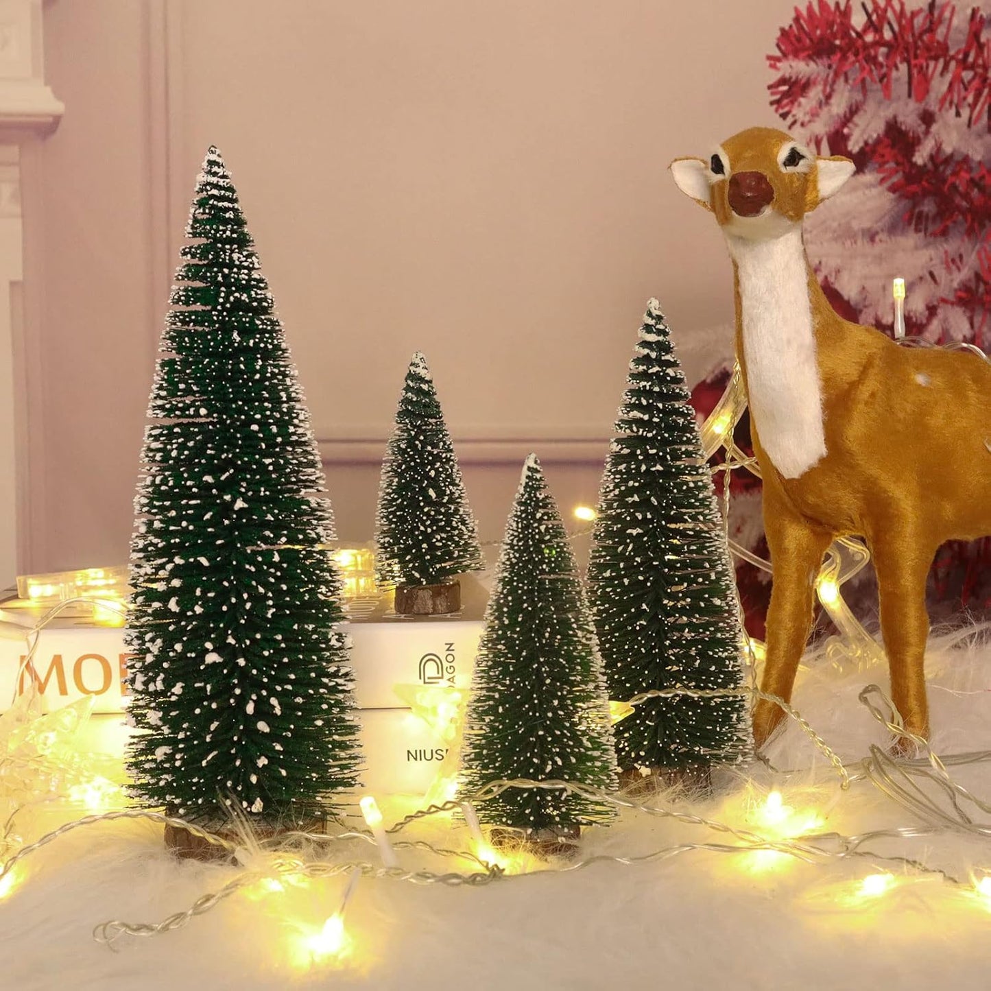 Skiennix Mini Christmas Tree - Small Pine Tree with Wooden Base for Holiday Table Decor | Green (4pcs)