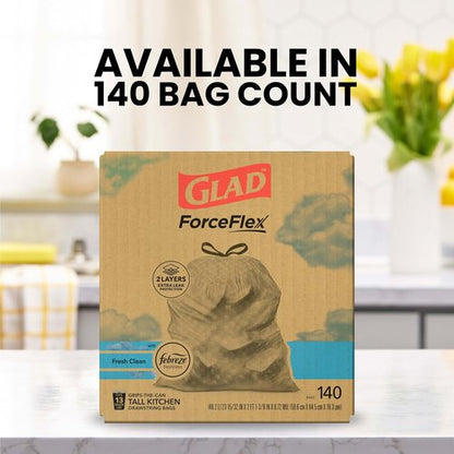 Glad ForceFlex Tall Kitchen Trash Bags - 13 Gallon Capacity, Fresh Clean Scent, 140 Count
