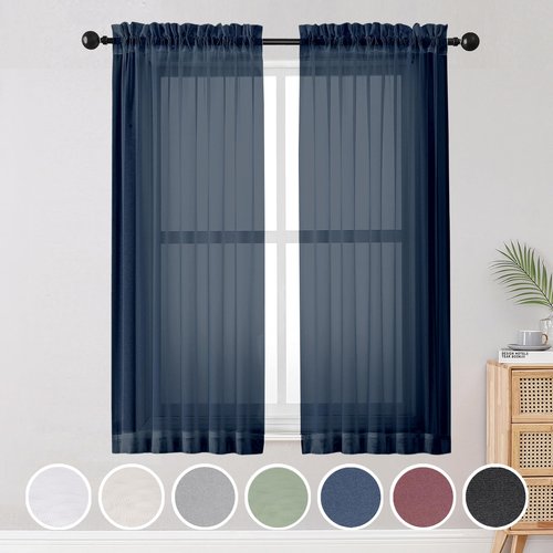 OWENIE Blue Sheer Curtains, Sheer Curtains 63 inch Length 2 Panels Set, Rod Pocket Voile Fimly Sheer Drapes for Living Room/Bedroom, 2pcs, Each 42" W x 63" L, Navy Blue
