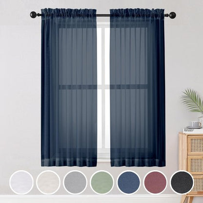 OWENIE Blue Sheer Curtains, Sheer Curtains 63 inch Length 2 Panels Set, Rod Pocket Voile Fimly Sheer Drapes for Living Room/Bedroom, 2pcs, Each 42" W x 63" L, Navy Blue