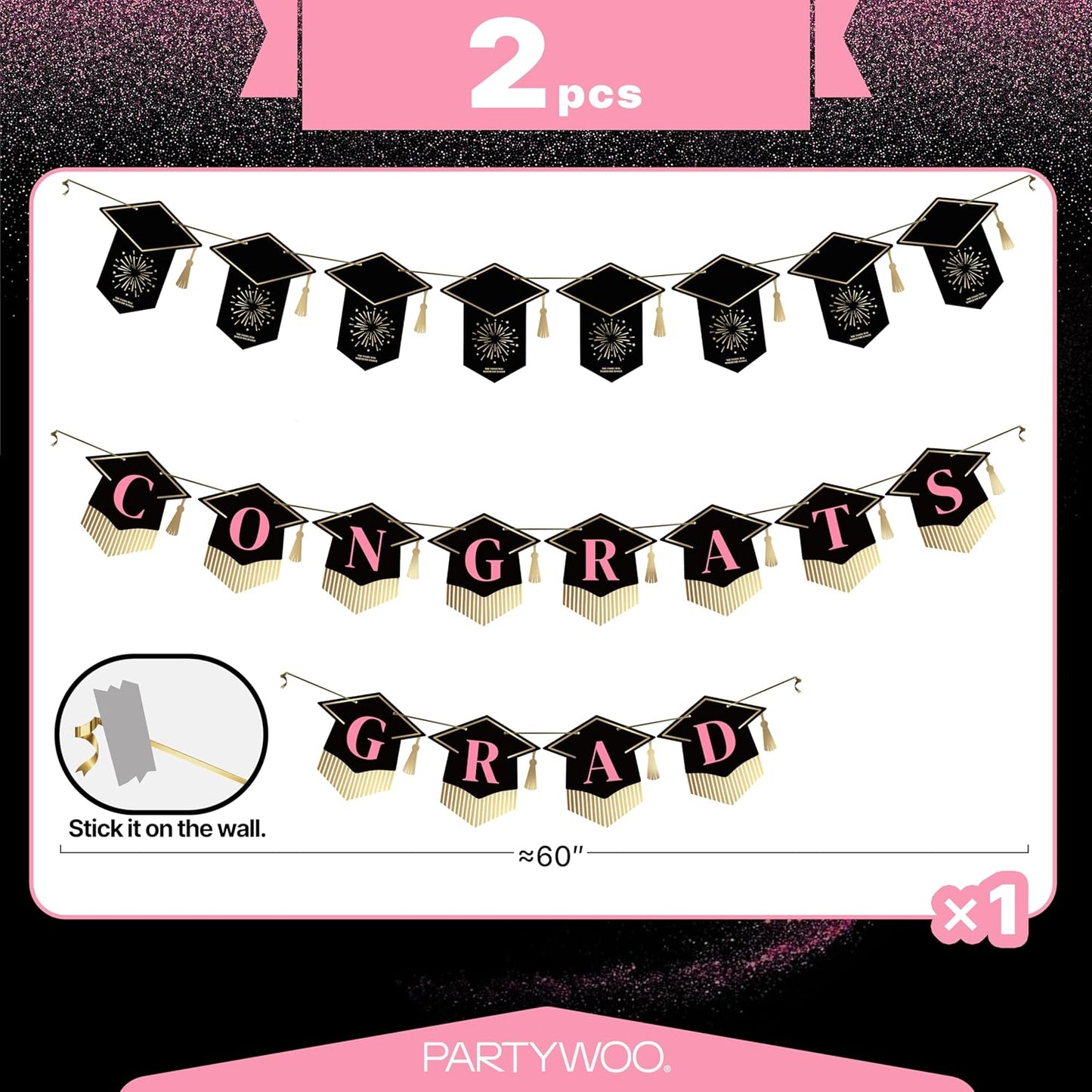 PartyWoo Graduation Banner - Class of 2026 Black Pink Gold Decorations | 2-Piece Set for Middle & High School Celebrations
