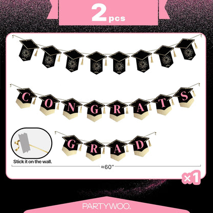 PartyWoo Graduation Banner - Class of 2026 Black Pink Gold Decorations | 2-Piece Set for Middle & High School Celebrations