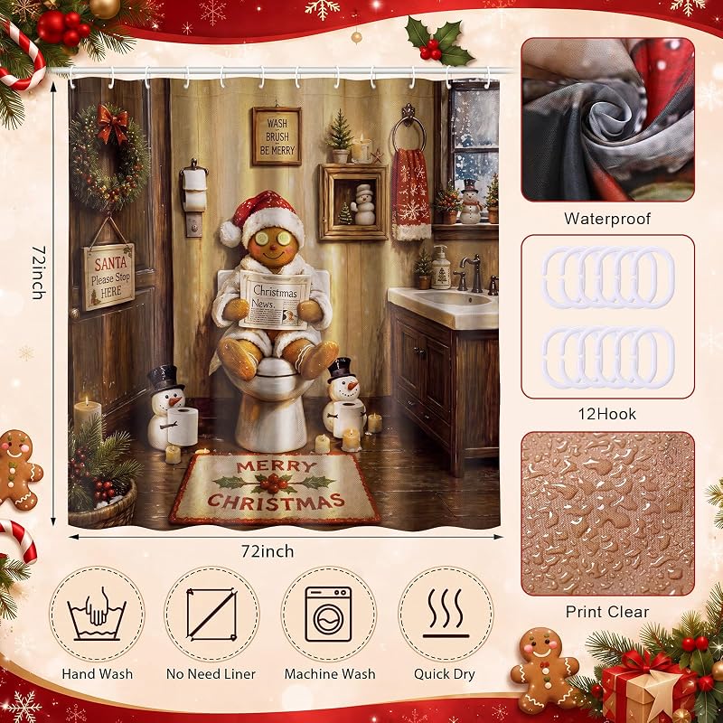 Irenare Toilet Relax Gingerbread Shower Curtain Set with 12 Hooks - 72 x 72 Inches
